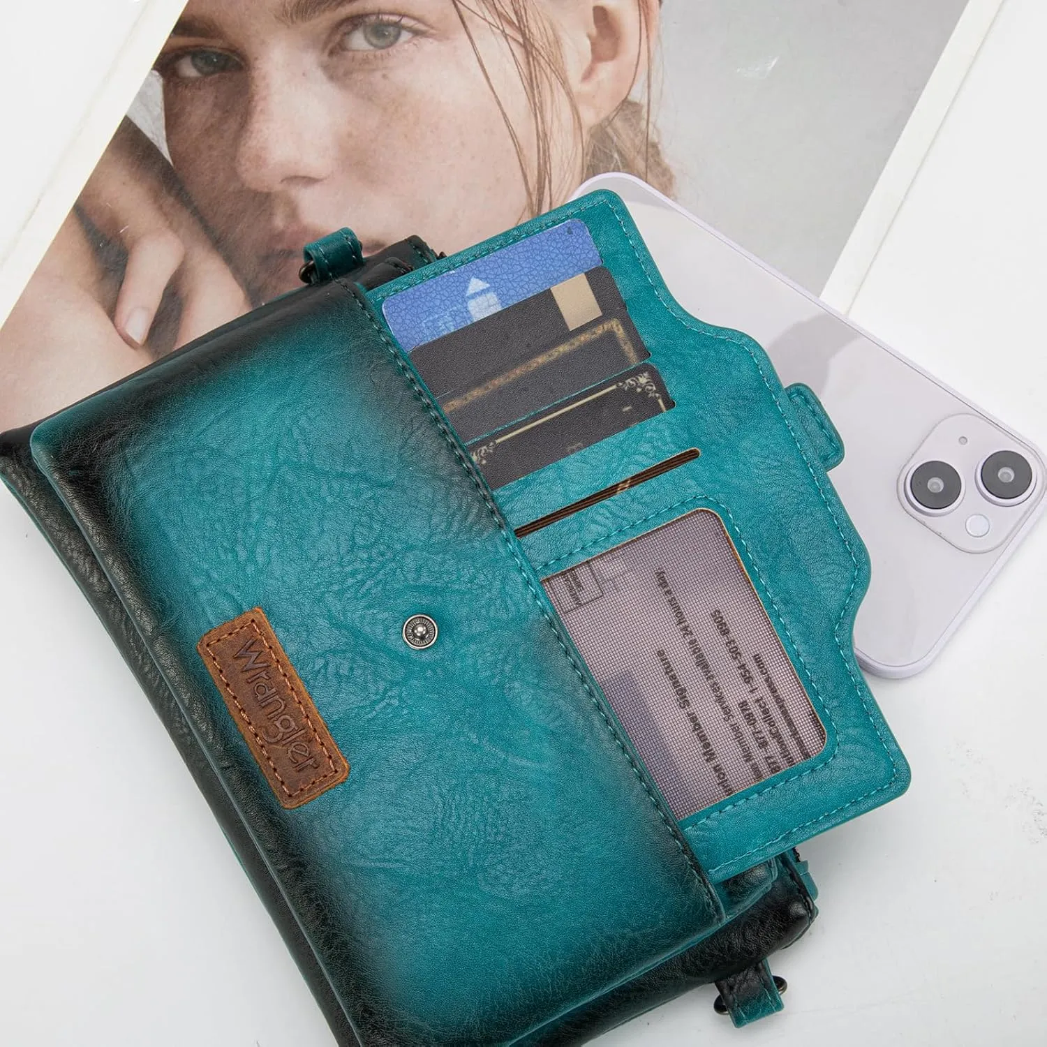 Wrangler Distressed Crossbody Purses for Women Multi-function Card Holder Wallet Small Purse with Double Zipper