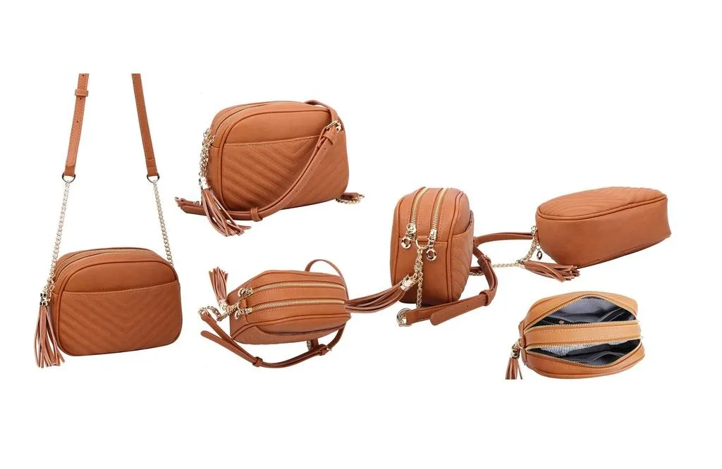 WU121 Veronica Double Zipper V Pattern Stitch Tassel Crossbody Bag