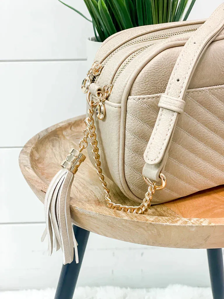 WU121 Veronica Double Zipper V Pattern Stitch Tassel Crossbody Bag