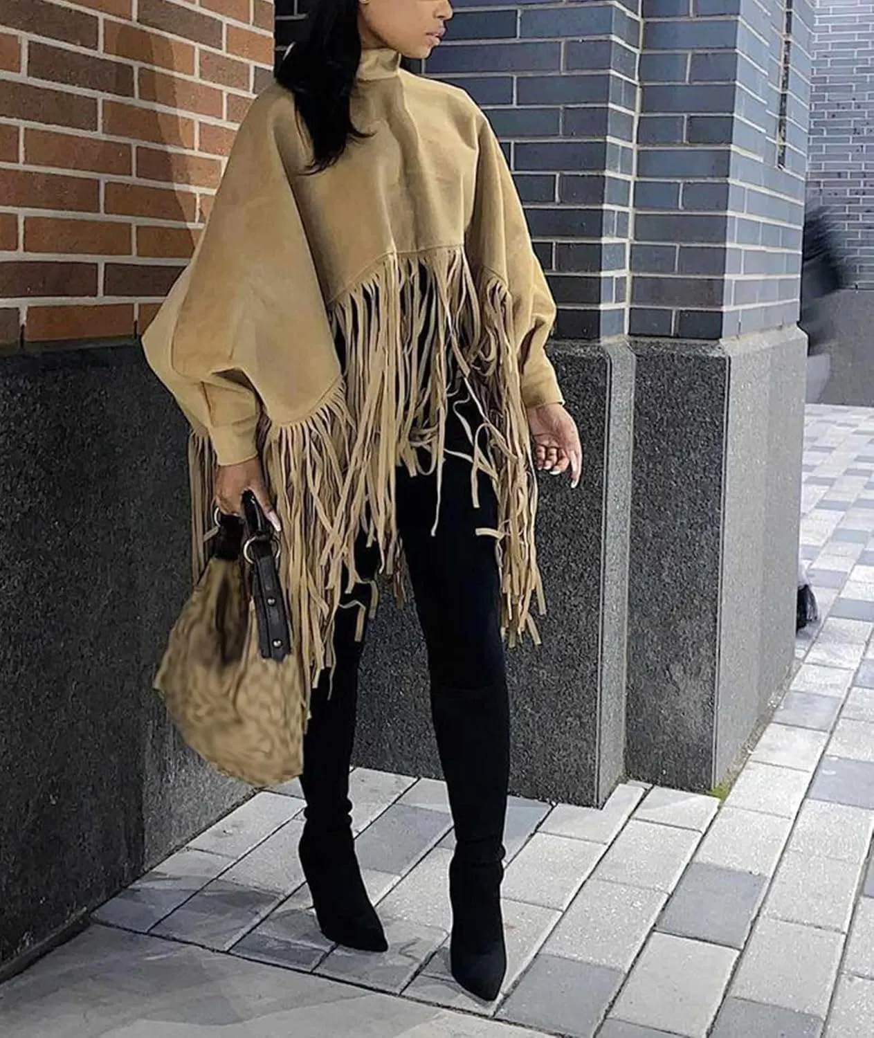 xxxiticat Women's Fringe Suede Poncho Long Sleeve High Neck Asymmetric Tassel Shawl Cape Cloak Oversized Pullover Jacket