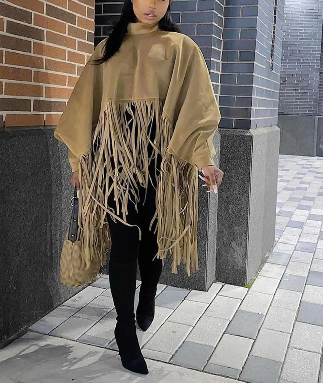 xxxiticat Women's Fringe Suede Poncho Long Sleeve High Neck Asymmetric Tassel Shawl Cape Cloak Oversized Pullover Jacket