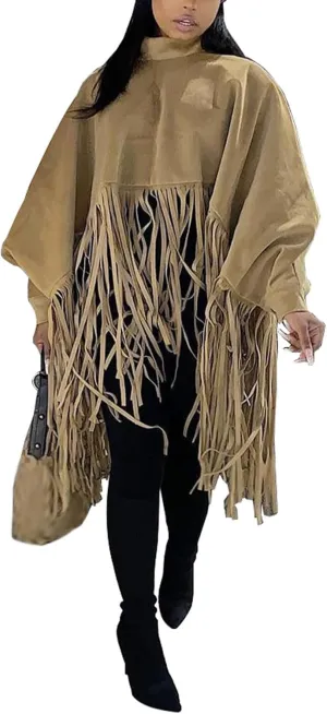 xxxiticat Women's Fringe Suede Poncho Long Sleeve High Neck Asymmetric Tassel Shawl Cape Cloak Oversized Pullover Jacket