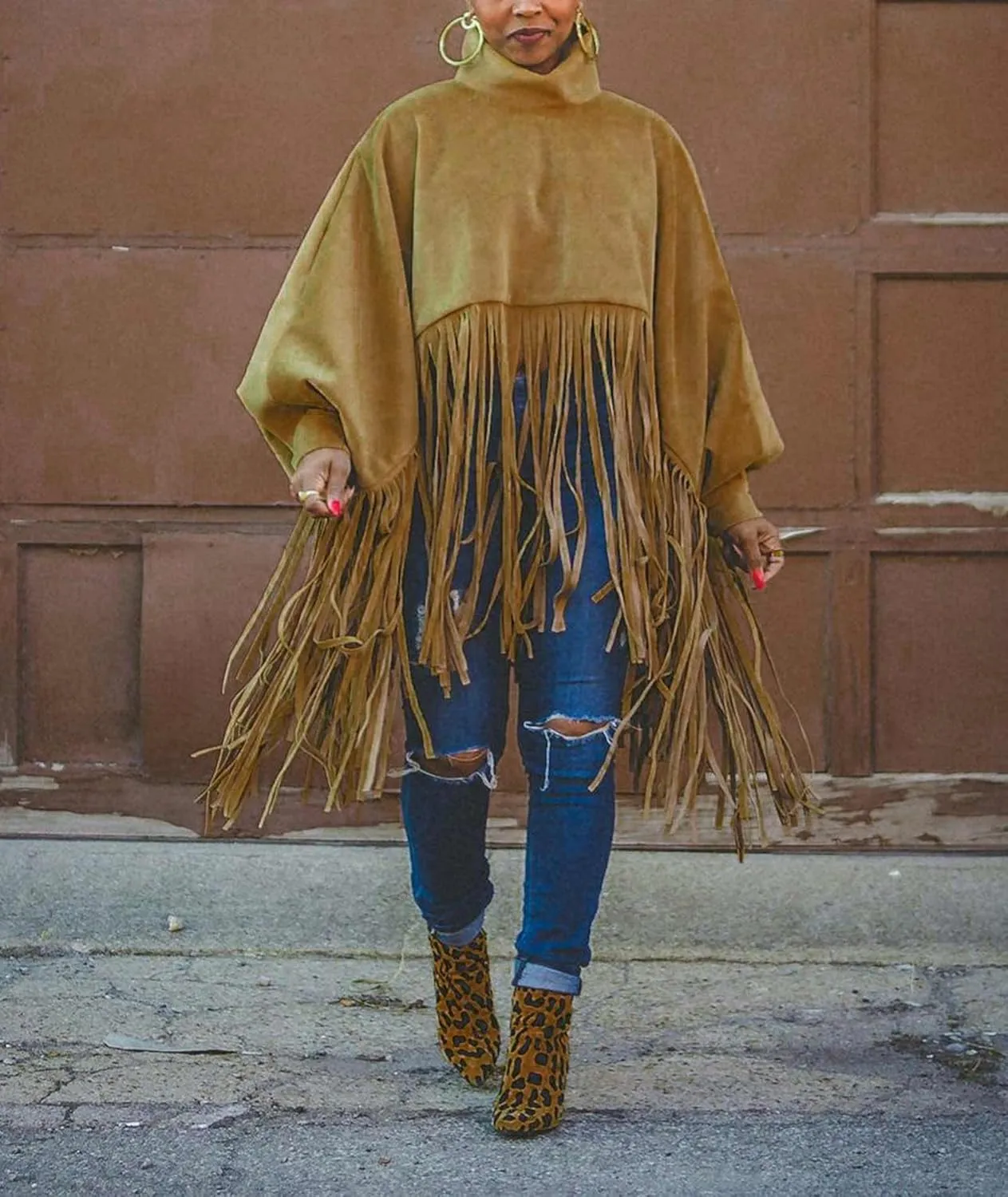 xxxiticat Women's Fringe Suede Poncho Long Sleeve High Neck Asymmetric Tassel Shawl Cape Cloak Oversized Pullover Jacket