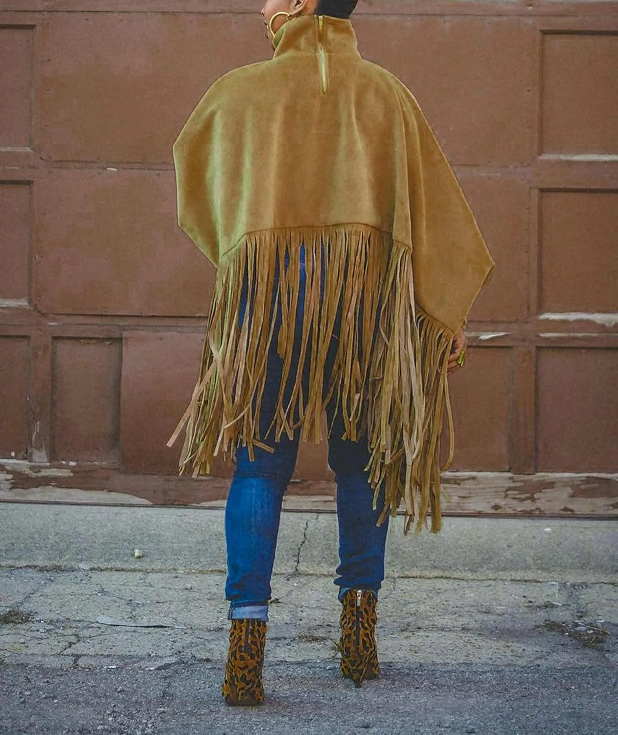 xxxiticat Women's Fringe Suede Poncho Long Sleeve High Neck Asymmetric Tassel Shawl Cape Cloak Oversized Pullover Jacket
