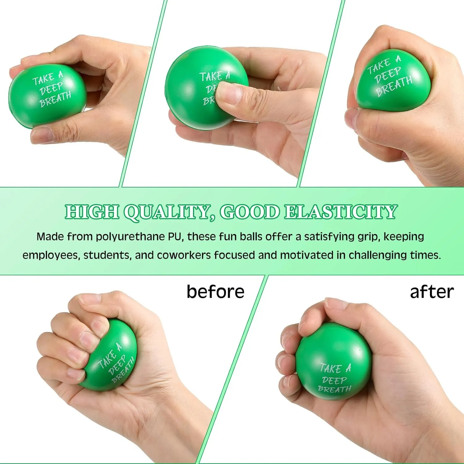 Yeaqee 30 Set Stress Balls for Adults Bulk Motivational Stress Balls Inspirational Quote Pens Organza Bags Funny Relief Gifts for Employees Coworkers Team(Green)