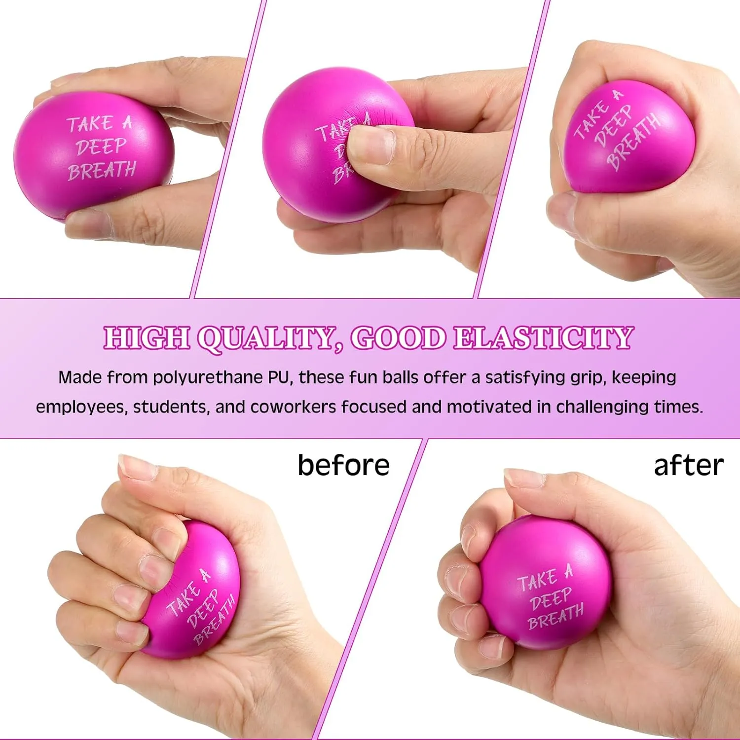 Yeaqee 30 Set Stress Balls for Adults Bulk Motivational Stress Balls Inspirational Quote Pens Organza Bags Funny Relief Gifts for Employees Coworkers Team(Purple)