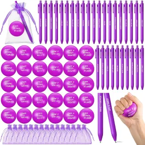 Yeaqee 30 Set Stress Balls for Adults Bulk Motivational Stress Balls Inspirational Quote Pens Organza Bags Funny Relief Gifts for Employees Coworkers Team(Purple)