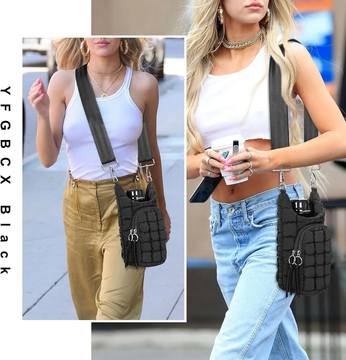 YFGBCX Water Bottle Holder with Strap Water Bottle Carrier Bag with Phone Pocket Quilted Puffer Water Bottle Sling Bag Crossbody Water Bottle Accessories