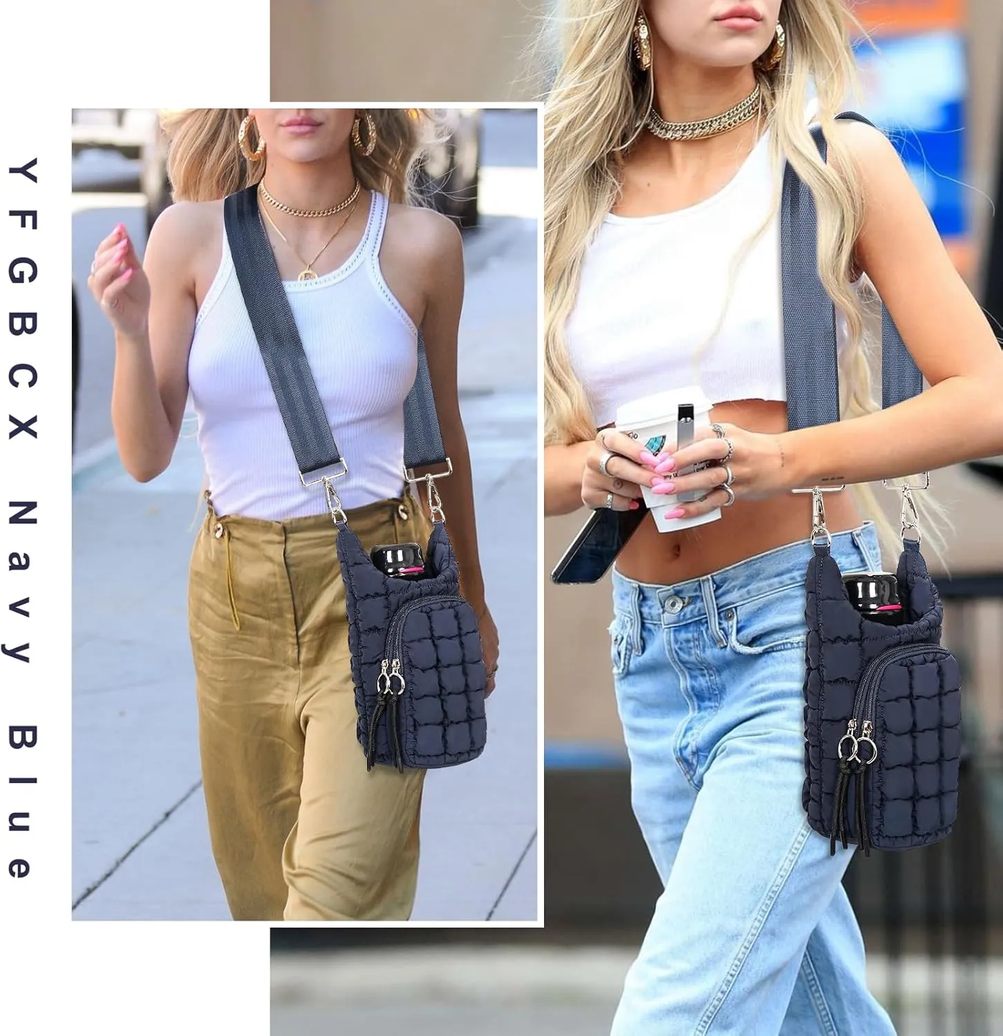 YFGBCX Water Bottle Holder with Strap Water Bottle Carrier Bag with Phone Pocket Quilted Puffer Water Bottle Sling Bag Crossbody Water Bottle Accessories