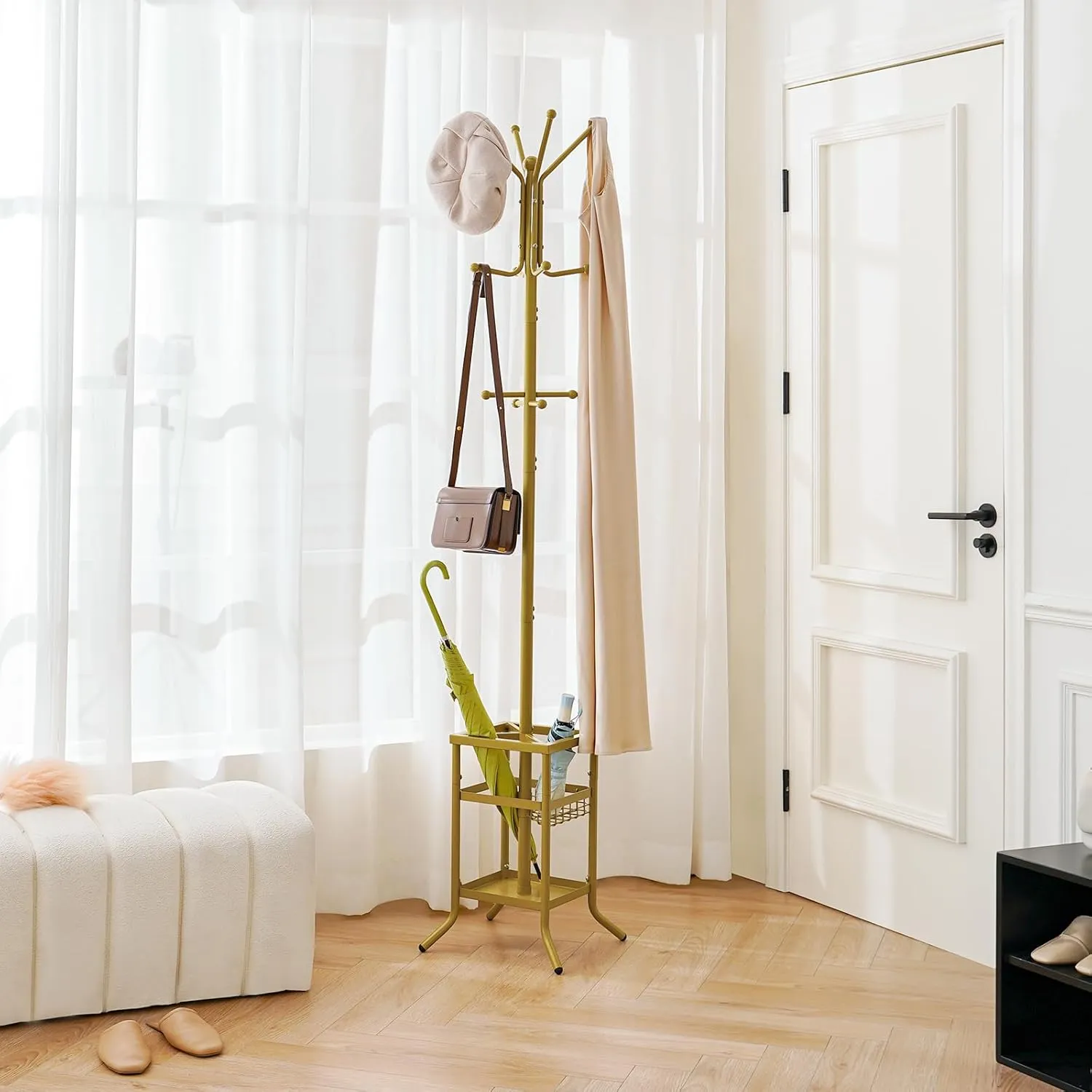 Yoobure Coat Rack Freestanding, Coat Tree with Umbrella Holder, Metal Coat Rack Stand with 12 Hooks, Modern Coat Hanger Stand for Entryway, Purse Rack Hat Rack Stand for Living Room Bedroom Office