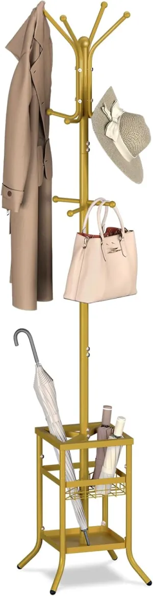 Yoobure Coat Rack Freestanding, Coat Tree with Umbrella Holder, Metal Coat Rack Stand with 12 Hooks, Modern Coat Hanger Stand for Entryway, Purse Rack Hat Rack Stand for Living Room Bedroom Office