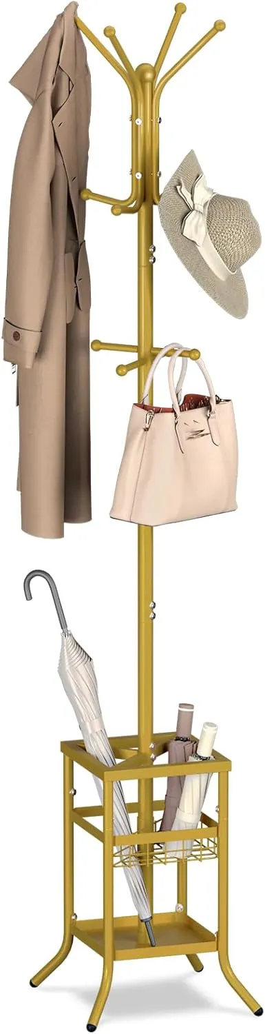 Yoobure Coat Rack Freestanding, Coat Tree with Umbrella Holder, Metal Coat Rack Stand with 12 Hooks, Modern Coat Hanger Stand for Entryway, Purse Rack Hat Rack Stand for Living Room Bedroom Office