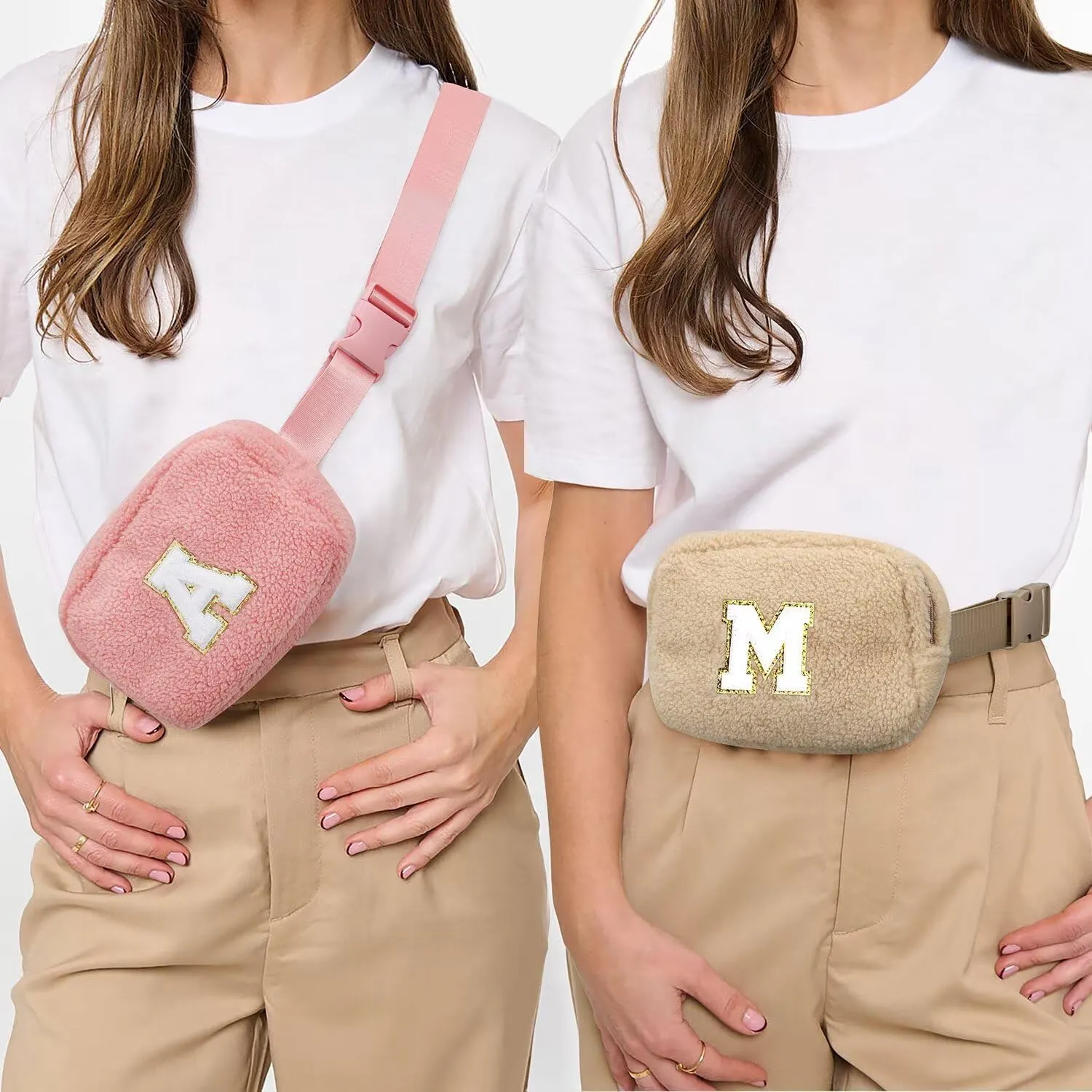 YOOLIFE Birthday Gifts for Women Daughter Sister Friends Mom Girlfriend Aunt Niece, Fleece Belt Bag Initial Fanny Pack Crossbody Bag, Khaki S