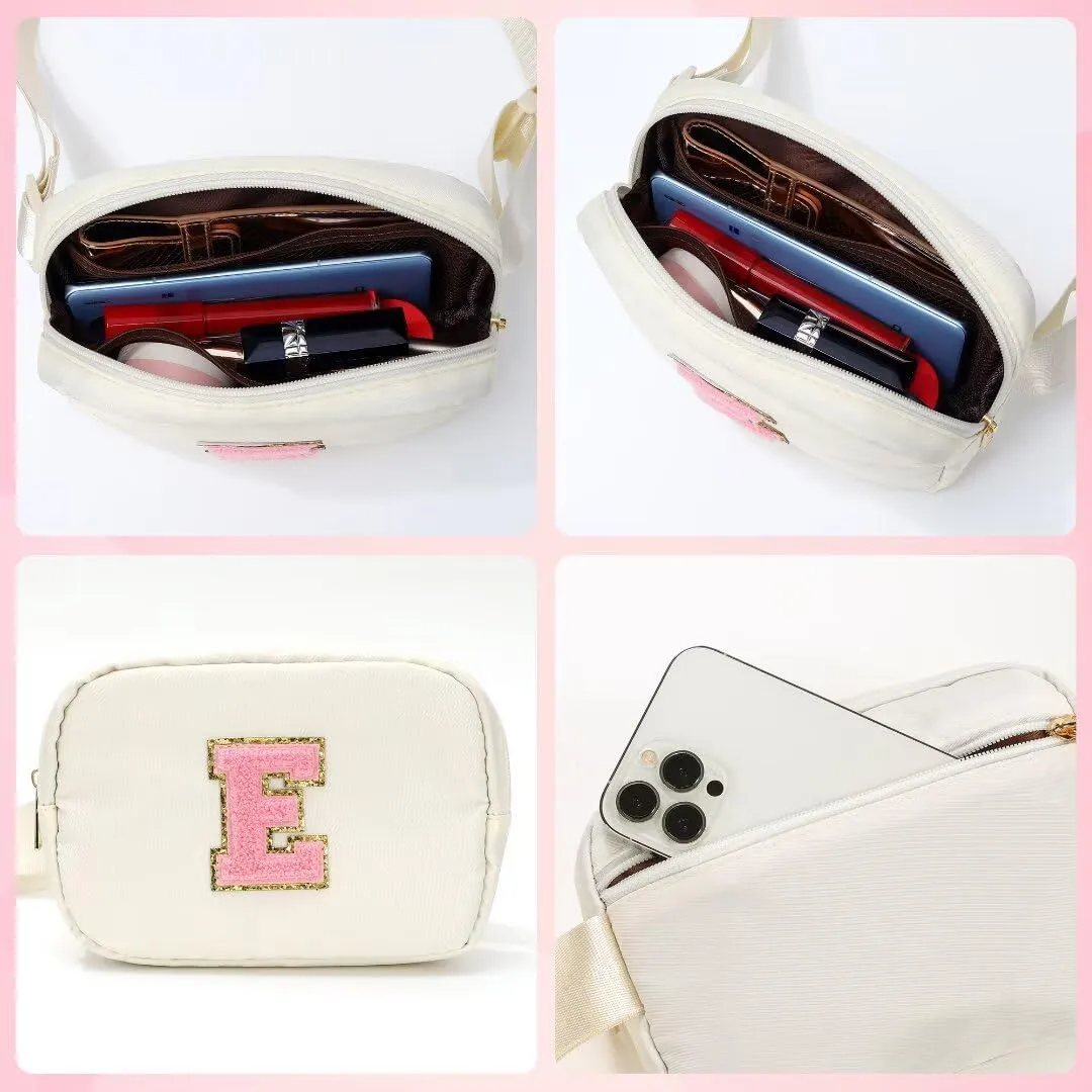 YOOLIFE Initial Belt Bag for Women - Crossbody Bags for Women Fanny Pack Cross body Bag for Women White Letter Everywhere Belt Bag Monogrammed Crossbody Bag R, Small, Beige
