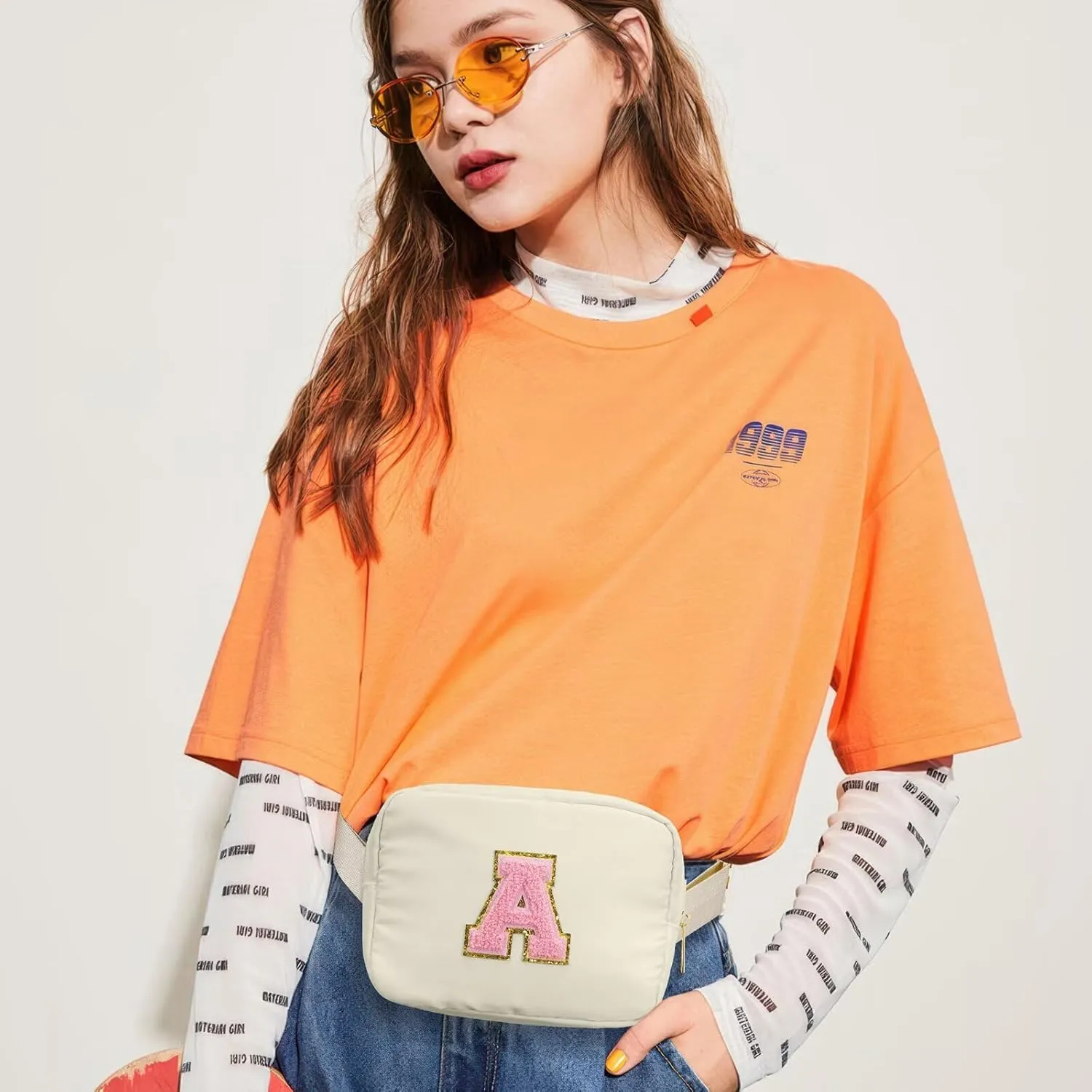 YOOLIFE Initial Belt Bag for Women - Crossbody Bags for Women Fanny Pack Cross body Bag for Women White Letter Everywhere Belt Bag Monogrammed Crossbody Bag R, Small, Beige
