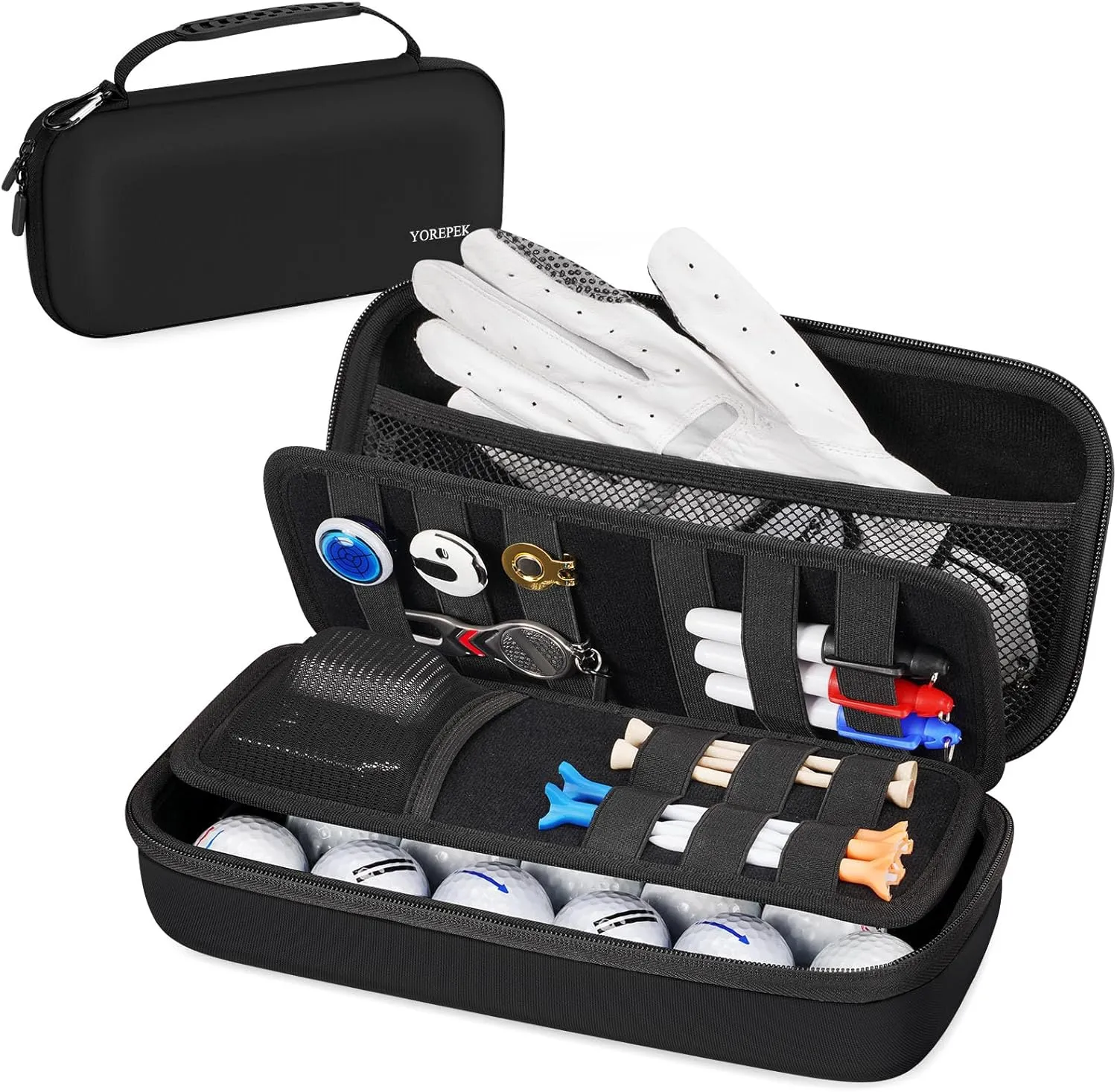 YOREPEK Golf Glove Case with Removable Glove Shaper, Golf Gifts for Men with 2 Dividers, Protective Hard Shell Golfing Organizer Fits Balls, Tees, Markers, Divot Tool, Accessories, Black