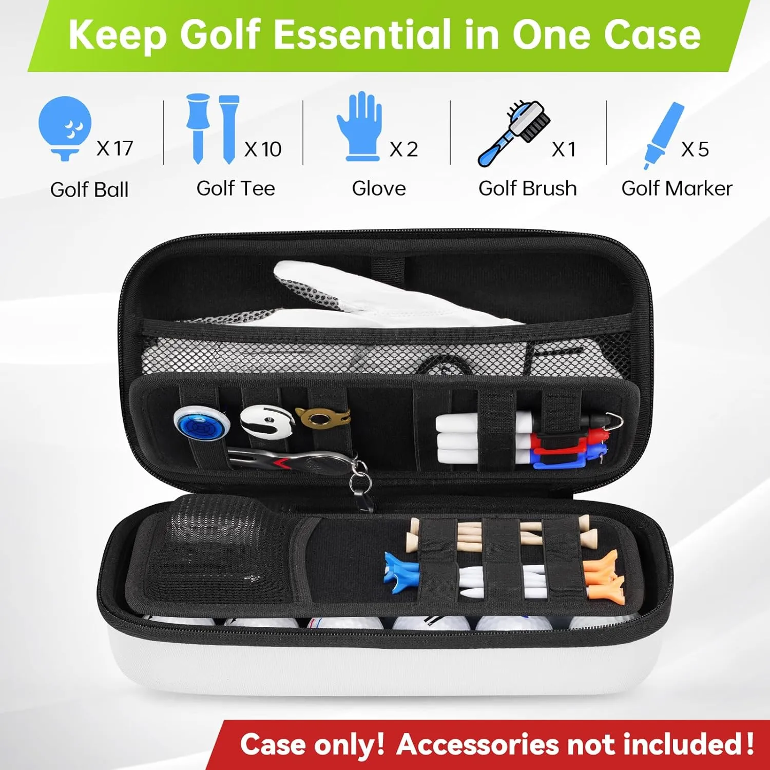 YOREPEK Golf Glove Case with Removable Glove Shaper, Golf Gifts for Men with 2 Dividers, Protective Hard Shell Golfing Organizer Fits Balls, Tees, Markers, Divot Tool, Accessories, Black