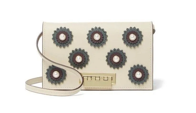 ZAC POSEN EARTHETTE PEARL FLORAL APPLIQUE BELLINI LEATHER CROSSBODY BAG