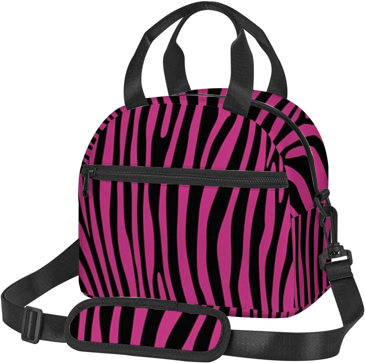 Zebra Print,Insulated Reusable Lunch Bag with Adjustable Shoulder Strap for Adults,Animal Wilderness Pattern,Leakproof Office Picnic Hiking Beach Tote Bag,Pink Black,9x5x7.8in