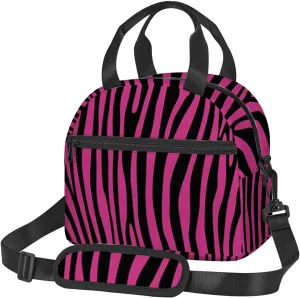 Zebra Print,Insulated Reusable Lunch Bag with Adjustable Shoulder Strap for Adults,Animal Wilderness Pattern,Leakproof Office Picnic Hiking Beach Tote Bag,Pink Black,9x5x7.8in