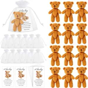 Zhanmai Set of 12 Mini Plush Bears Little Pocket Bears Sympathy Gift for Kids Inspirational Bear Hug Gift Card Party Favors White Organza Bags(Cute Style, 8-9 cm)