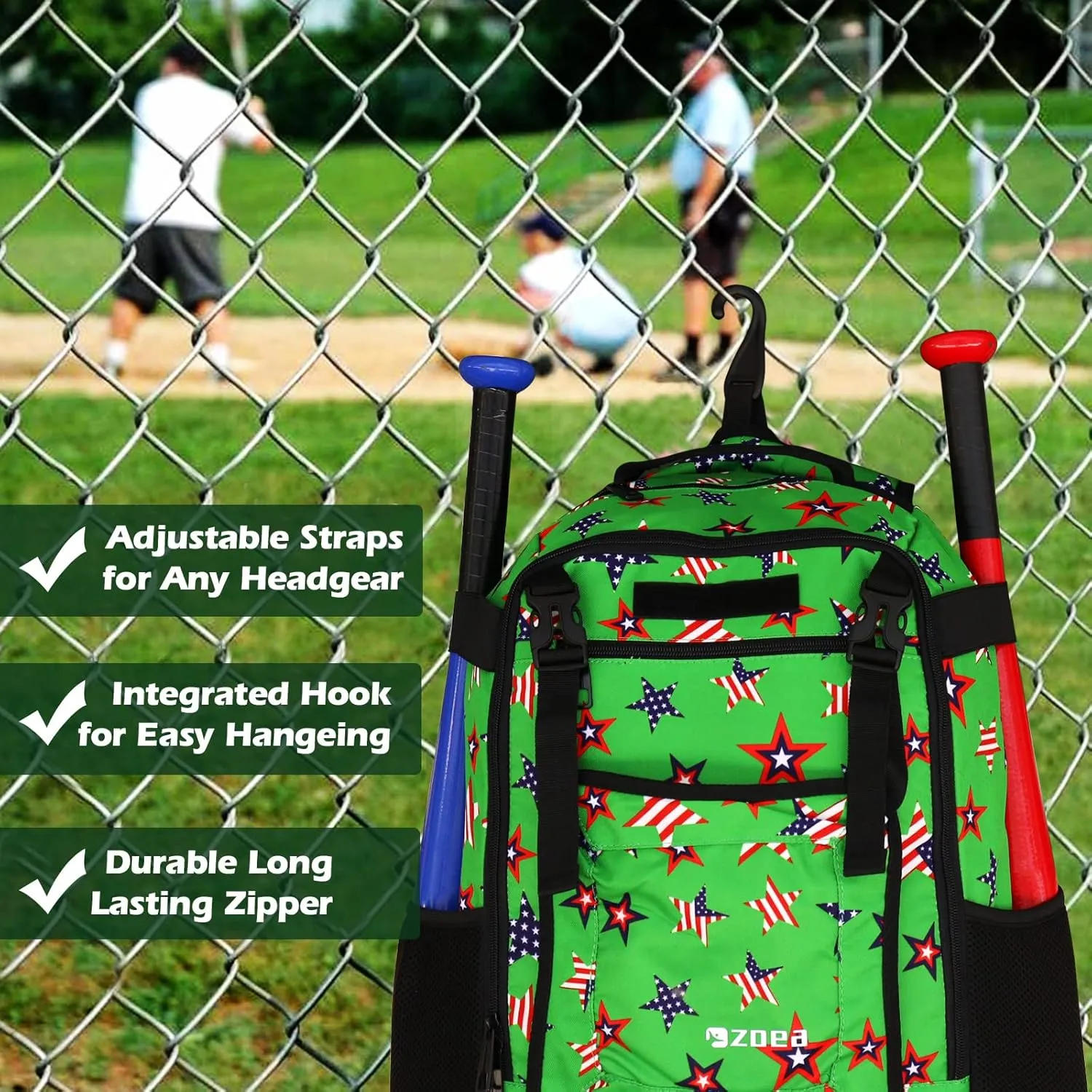 ZOEA Youth Baseball Bat Bag Backpack, T-Ball & Softball Equipment & Gear for Youth, Large Capacity Holds 2 Bats, Helmet, Gloves, Cleats, Helmet Holder and Includes Fence Hook