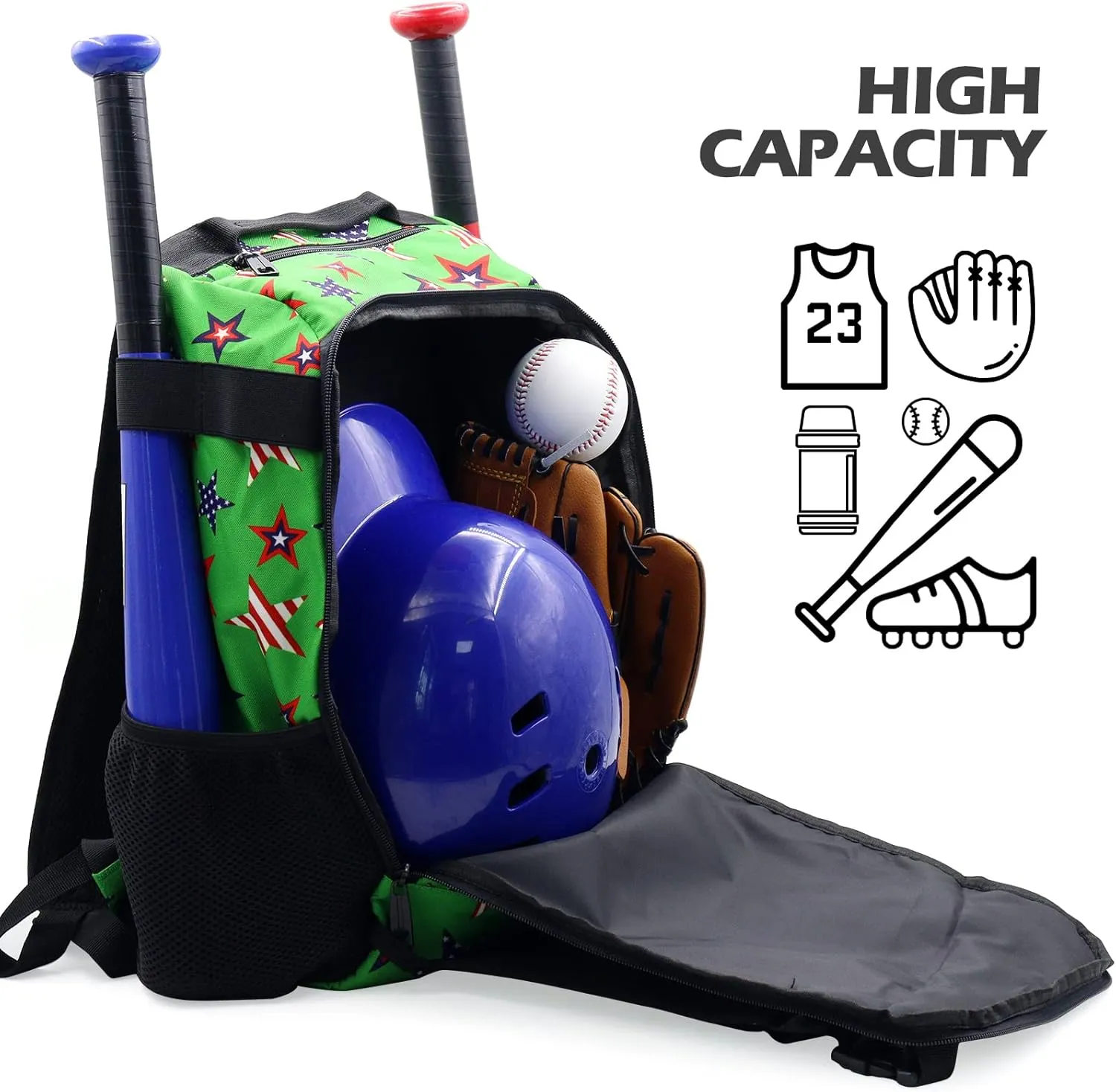 ZOEA Youth Baseball Bat Bag Backpack, T-Ball & Softball Equipment & Gear for Youth, Large Capacity Holds 2 Bats, Helmet, Gloves, Cleats, Helmet Holder and Includes Fence Hook