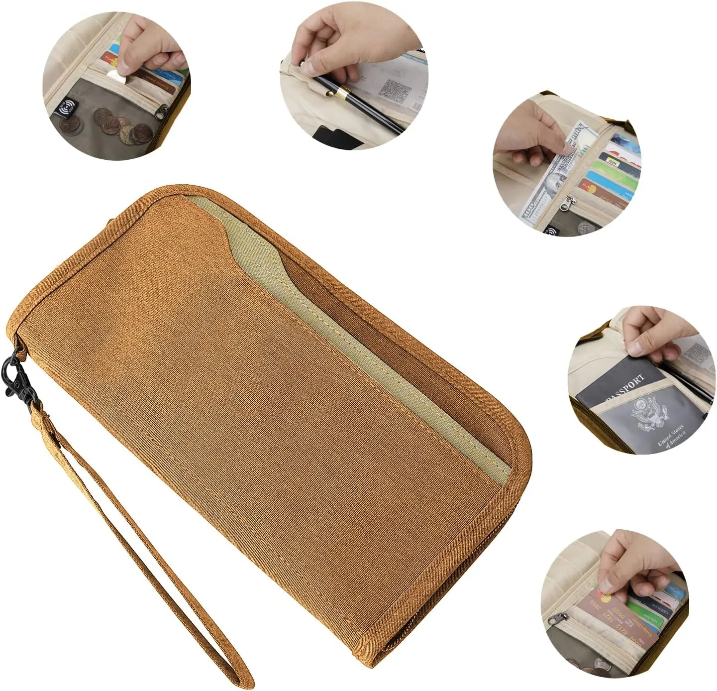 ZOPPEN Passport Holder Family RFID Passport Wallet, Passport Holder Women/Men, Travel Wallet Documents Organizer Zipper Case with Removable Wristlet Strap, Travel Essentials for Flying