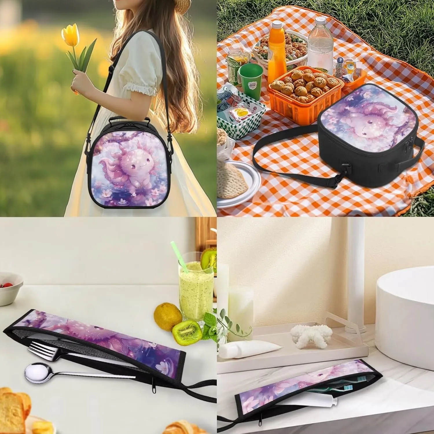 ZOUTAIRONG Cute Mini Lunch Tote for Kids Cherry Blossom Axolotl Lunch Bag Tableware Carrying Bag for Straw Spoon Fork Chopsticks Utensil Holder