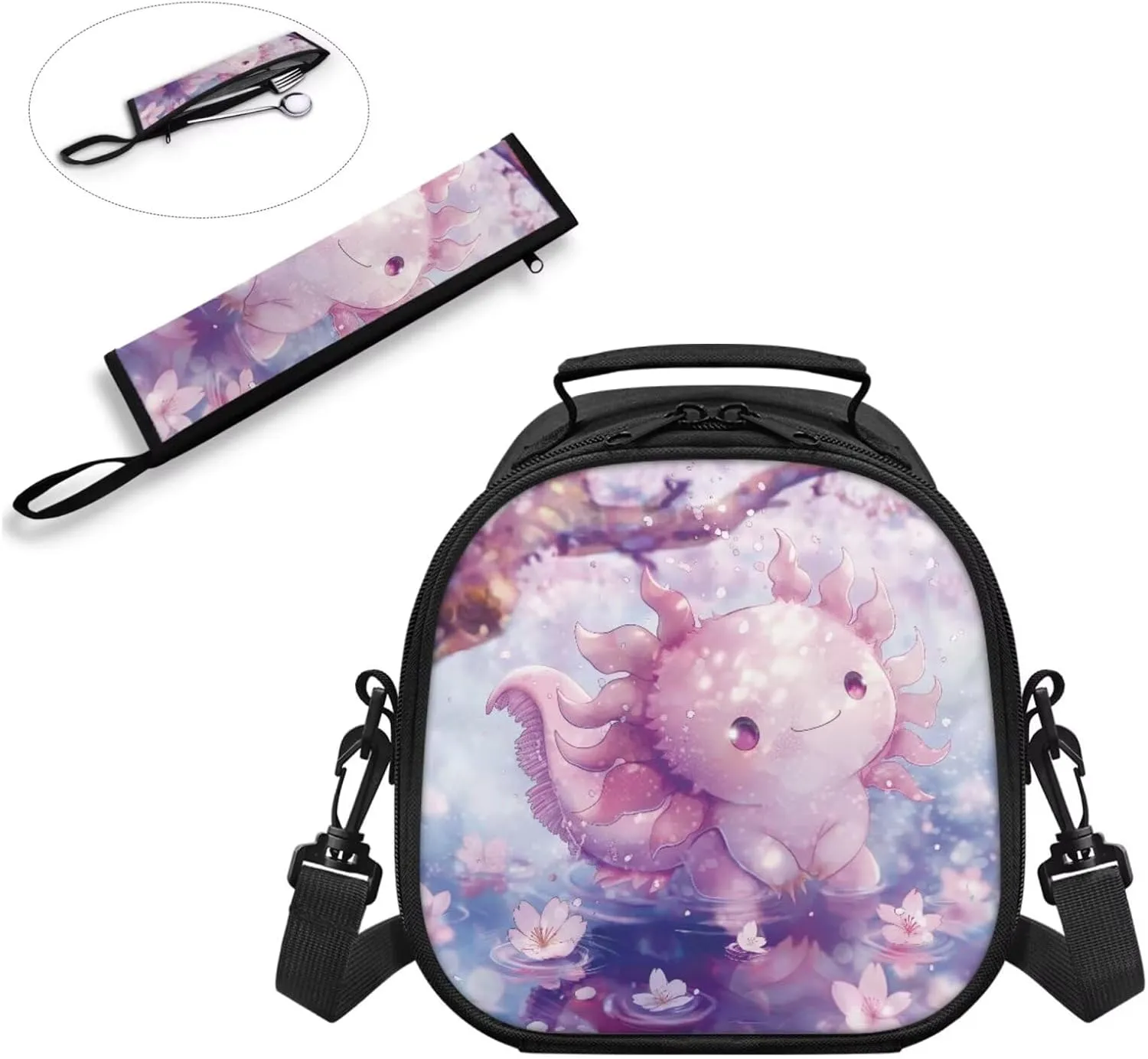 ZOUTAIRONG Cute Mini Lunch Tote for Kids Cherry Blossom Axolotl Lunch Bag Tableware Carrying Bag for Straw Spoon Fork Chopsticks Utensil Holder